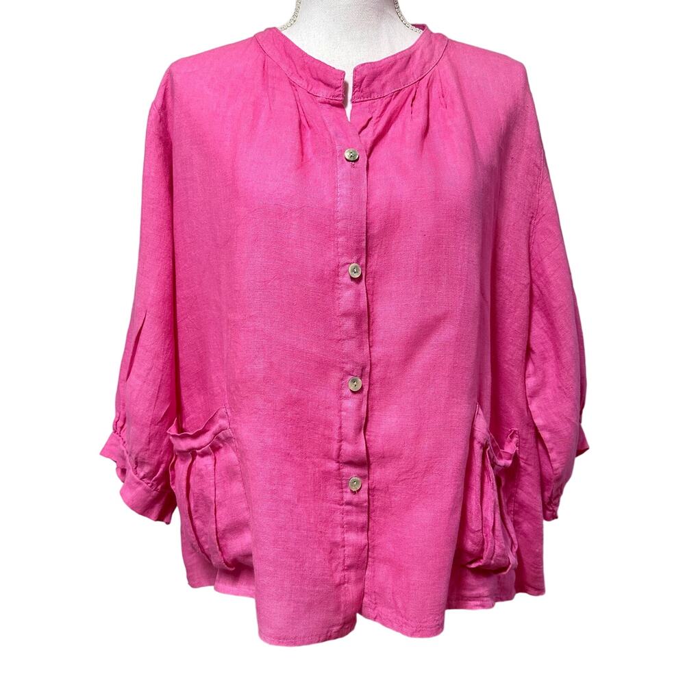 Evermine sz 2XL 100% Linen Pink Jacket Top Blouse Italian Lagenlook Italy EUC‎